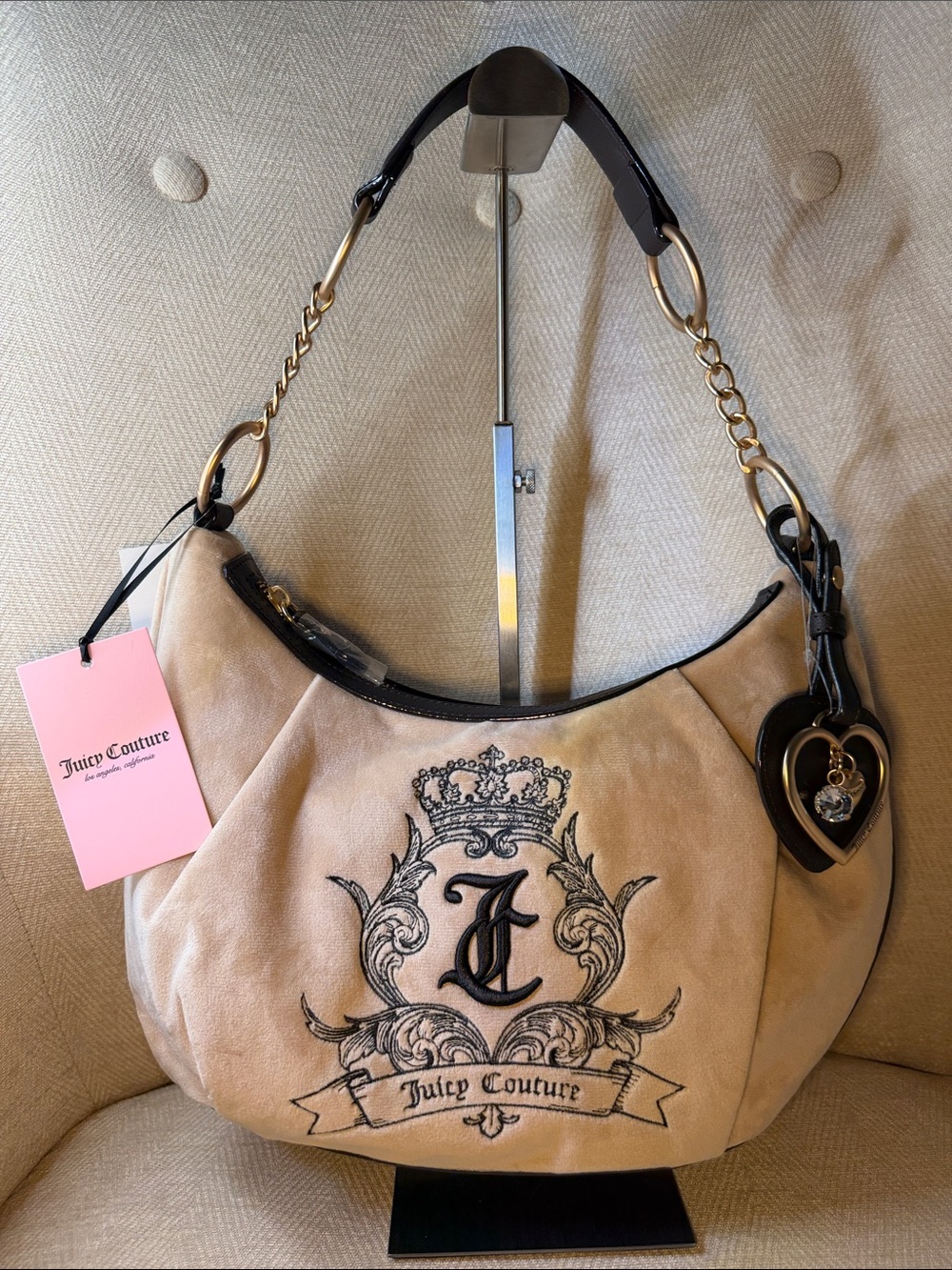 Juicy Couture Beige Embroidered Logo Shoulder Bag with Brown Trim